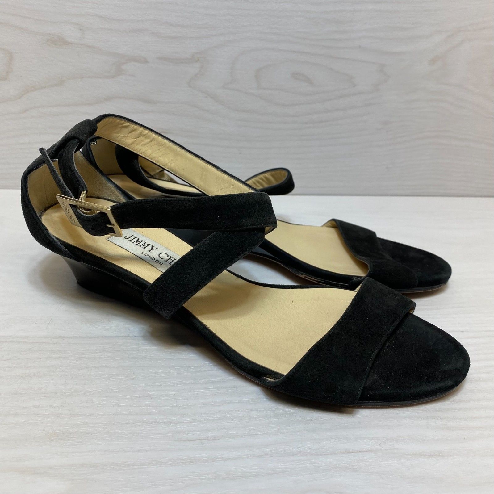 Jimmy Choo Wedge Sandals Women's Size 9.5 Black Suede Adjustable Ankle Strap
